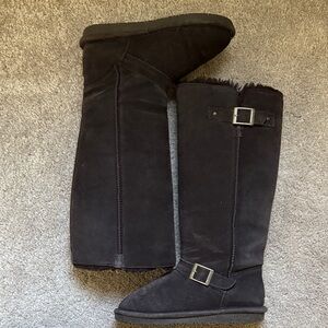 BearPaw Black Suede Boots with Gold Buckle